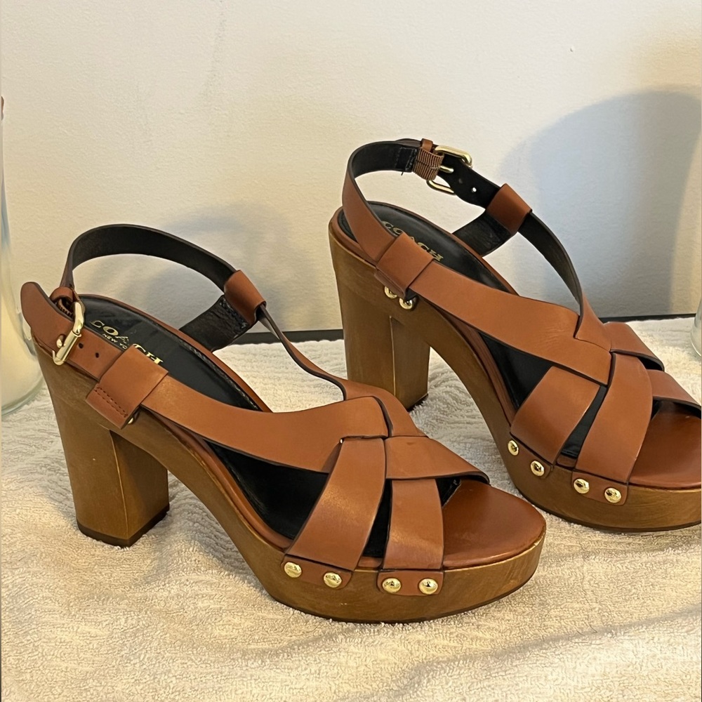 COACH brown leather heels. Size 10B.